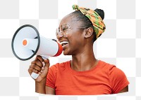 Png joyous black woman with megaphone, transparent background