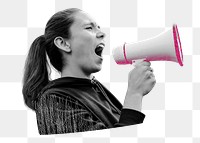 Png feminist protesting pink megaphone, transparent background