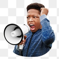 Png black boy shouting into megaphone, transparent background