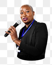 Png African businesswoman announcing, transparent background