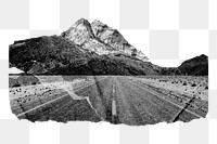 Png ripped paper Canyon road mixed media in black & white, transparent background