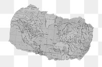 Png ripped paper world map monochrome, transparent background