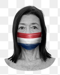 PNG woman wearing face mask, the Netherlands flag, collage element, transparent background