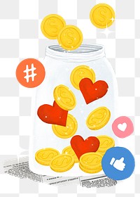 Online influencer png money jar, finance remix, transparent background