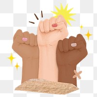 Raised fists png, symbolic hand gesture remix, transparent background