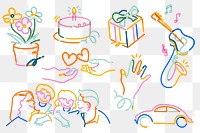 Png family doodle collage elements set, transparent background