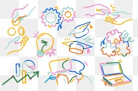 Png colorful business doodle collage elements set, transparent background