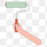 Png hand holding short painting roller illustration,  transparent background