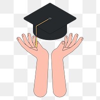Png hands showing graduation hat illustration,  transparent background