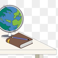 Png desk with globe and stationary illustration, transparent background