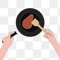 Png frying pan with cooked steak illustration, transparent background