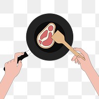 Png frying pan with rare meat slice illustration, transparent background