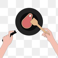 Png frying pan with rare meat cut illustration, transparent background