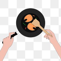 Png frying pan with fish slices illustration, transparent background