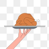 Png hand holding tray with turkey illustration, transparent background