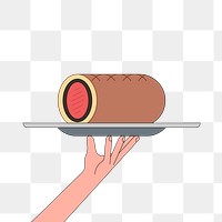 Png hand holding tray with beef wellington illustration, transparent background