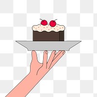 Png hand holding tray with cake illustration, transparent background