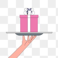 PNG Hand serving gift box, flat illustration, transparent background