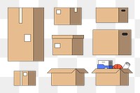 PNG Cardboard moving boxes, flat graphic set, transparent background