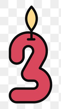 PNG Lit number three birthday candle, flat illustration, transparent background