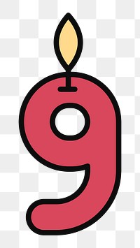 PNG Lit number nine birthday candle, flat illustration, transparent background