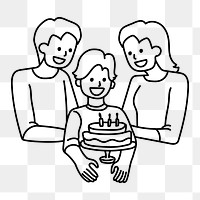 Png family celebrating son's birthday doodle, transparent background