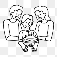 Png family celebrating son's birthday doodle, transparent background