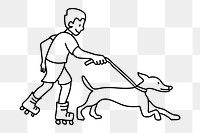 Png boy walking dog in roller skates doodle, transparent background