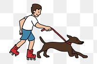 Png boy walking dog in roller skates doodle, transparent background