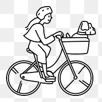 Png woman bicycling with dog doodle, transparent background