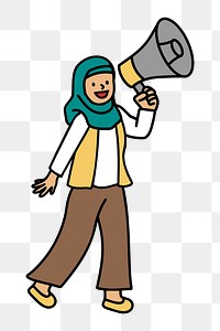 Png Muslim woman announcing on megaphone doodle, transparent background