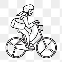 Png woman bicycling to work doodle, transparent background