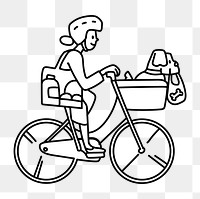 Png woman bicycling to grocery shop doodle, transparent background