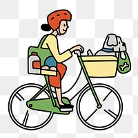 Png woman bicycling to grocery shop doodle, transparent background