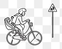 Png woman bicycling with child doodle, transparent background