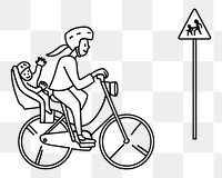 Png woman bicycling with child doodle, transparent background