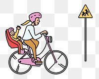 Png woman bicycling with child doodle, transparent background