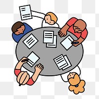 Png diverse team discussing work doodle, transparent background