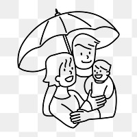 Png family under umbrella doodle, transparent background