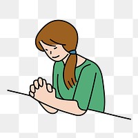 Png young girl praying doodle, transparent background 