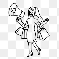 Png shopaholic girl announcing doodle, transparent background