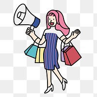 Png shopaholic girl announcing doodle, transparent background