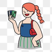 Png woman holding credit cards doodle, transparent background