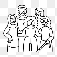 Png diverse team of women doodle, transparent background