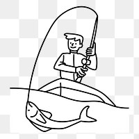 Png man fishing on boat doodle, transparent background