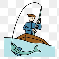 Png man fishing on boat doodle, transparent background