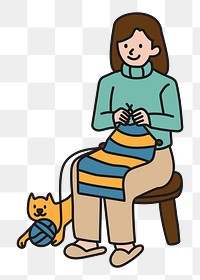 Png woman crocheting with kitty doodle, transparent background