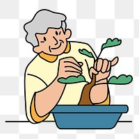 Png elderly man planting doodle, transparent background