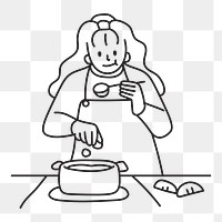 Png woman cooking and tasting doodle, transparent background