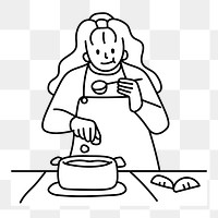 Png woman cooking and tasting doodle, transparent background